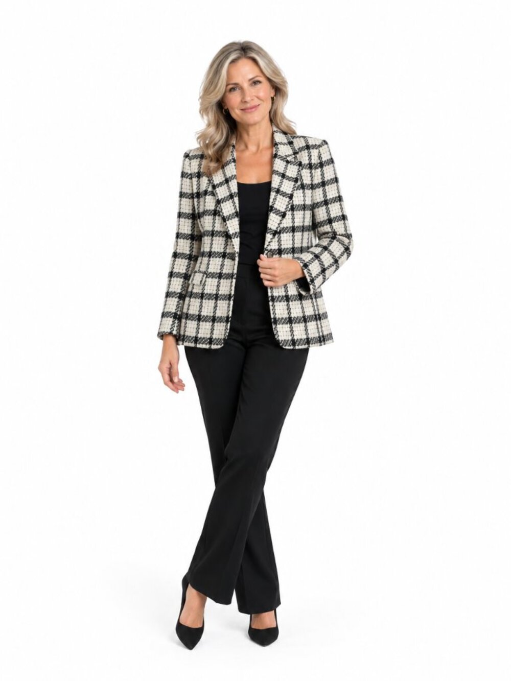 Spitalnick Womens 14 Black White Plaid Tweed Blazer Made in USA Vintage Style